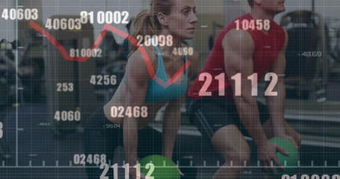 Fitness Analytics Couple Exercising with Data Overlay in Gym
