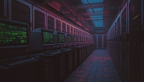 Cyberpunk data center corridor with neon glowing monitors