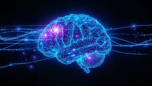 Neon Wireframe Brain with Streaming Data Trails and Magenta Neural Nodes, Holographic AI