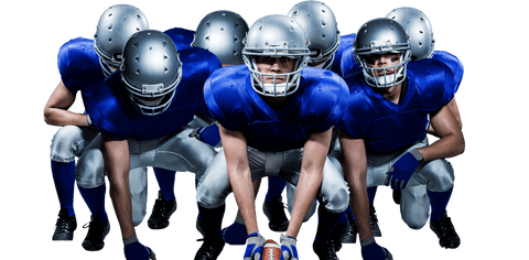 Caucasian rugby players huddled with ball on transparent background