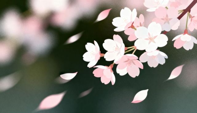 Drifting pale pink cherry blossoms swaying on branch with falling petals and soft bokeh