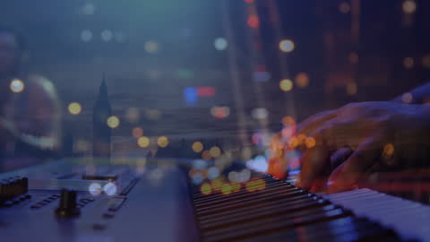 Musician Playing Keyboard with Abstract Light Spots
