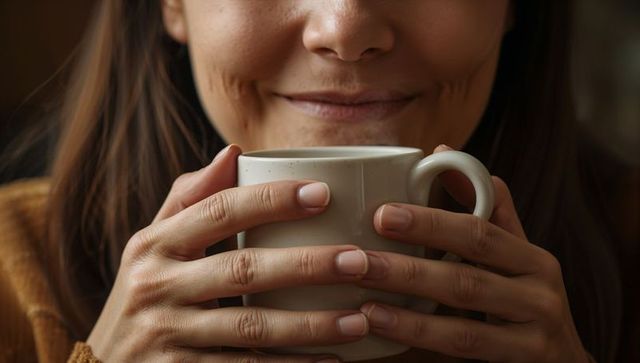 Woman holding warm ceramic mug close to smile in cozy brown knit sweater