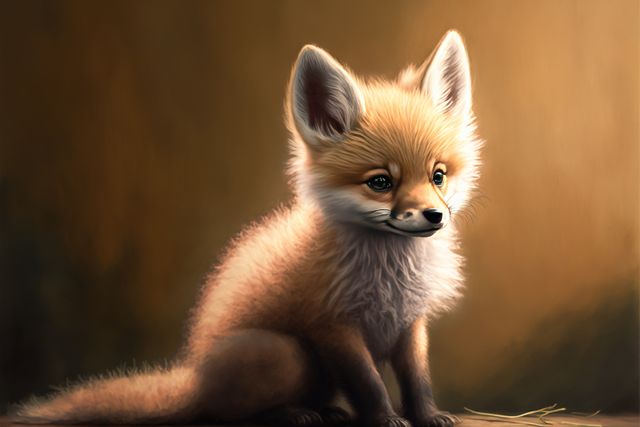 Baby fennec fox with its distinct large ears and soft, fluffy fur is sitting against a warm, softly lit background. This close-up captures its curious and innocent expression, ideal for use in nature-themed projects, children stories, educational materials about desert wildlife, or adorable animal collections.