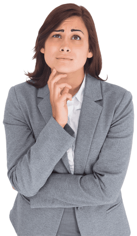 Confused hispanic businesswoman in gray suit on transparent background