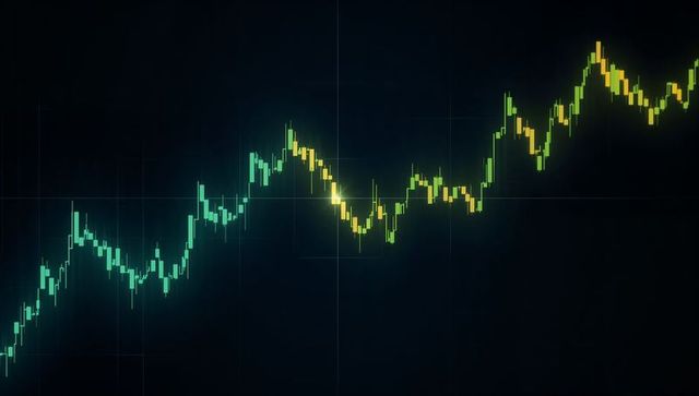 Candlestick Chart Showing Teal-to-Gold Uptrend with Pivot Nodes and Volatility Signal