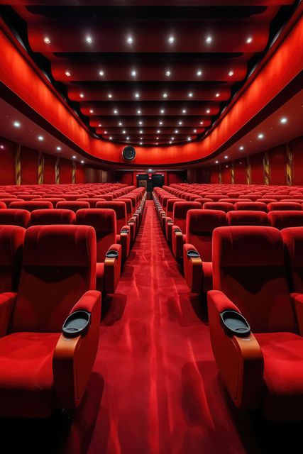 Empty red seats fill a modern theater, with copy space. Velvet chairs and ambient lighting set the stage for an immersive cinematic experience.