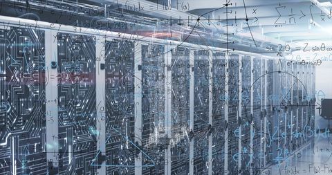 Digital Interface with Server Room Overlayed with Equations - Download Free Stock Images Pikwizard.com