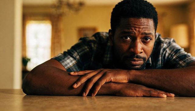 Contemplating man leaning on kitchen countertop, resting forearms, intimate warm portrait