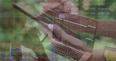 Women in Outdoor Workspace Analyzing Stock Market Data on Devices