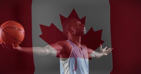 Basketball Player with Canadian Flag Overlay Symbolizing Patriotism