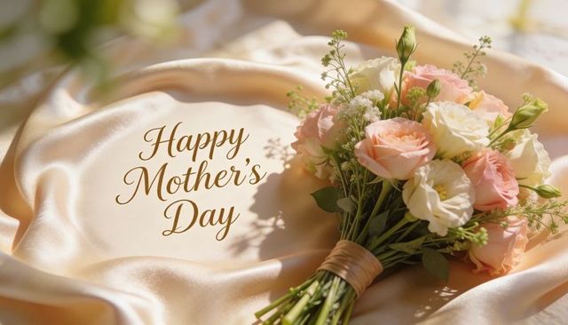 Hand-tied pastel rose bouquet resting on pale peach satin with happy mother's day script