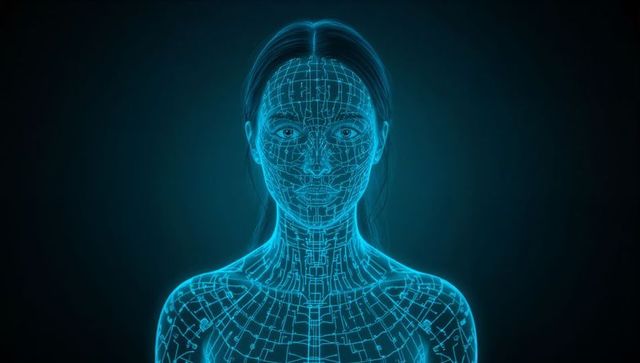 Projecting holographic female avatar with glowing circuitry grid and neon cyan wireframe