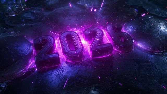 Futuristic Neon 2026 on Circuit Board with Magenta Glow and Electric Sparks