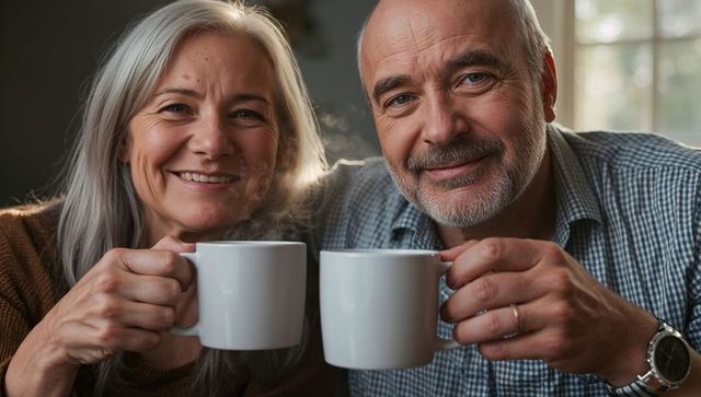 Smiling senior couple holding white coffee mugs by sunlit window, cozy morning together