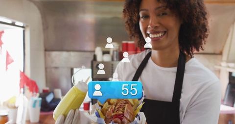 Street Food Vendor Serving Smiling Provides Hot Dog with Icon Overlay
