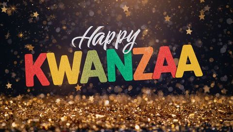 Happy kwanzaa greeting with glittering multicolor letters, gold confetti and stars