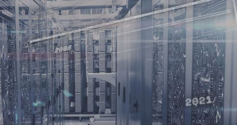 Futuristic Data Center with Digital Overlay Indications