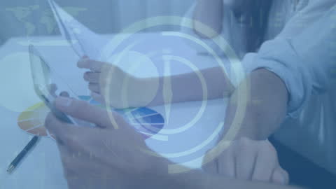 Digital Clock Overlay on Business Meeting with Technology Concept