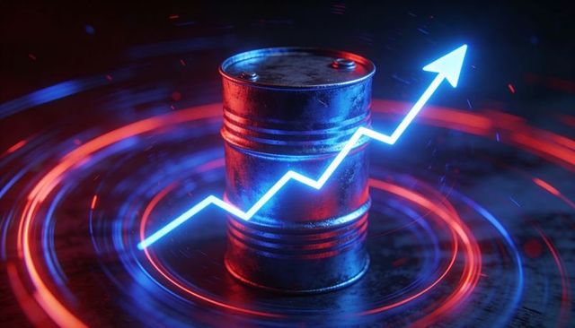 Rising oil prices concept with dented metal barrel, neon growth arrow and futuristic glow