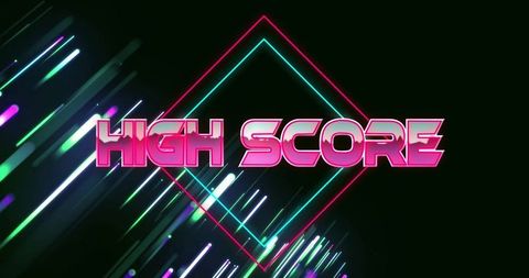 Neon High Score Text with Glowing Diamond and Light Streaks