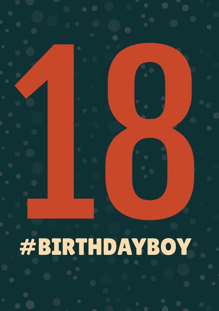 Bold 18th birthday design with large red number 18 and hashtag 'birthday boy' on dark green background. Perfect for social media posts, birthday invitations, and celebratory banners highlighting the transition to adulthood.