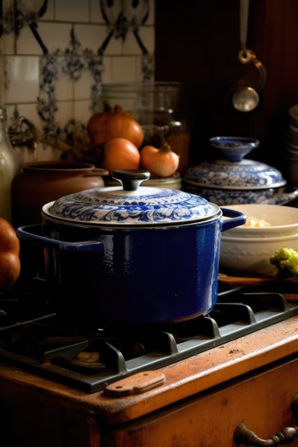 A blue enameled pot sits on a stove in a home kitchen. Warm lighting accentuates a cozy cooking atmosphere with fresh ingredients nearby.