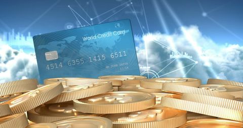 Digital finance concept with euro coins and credit card