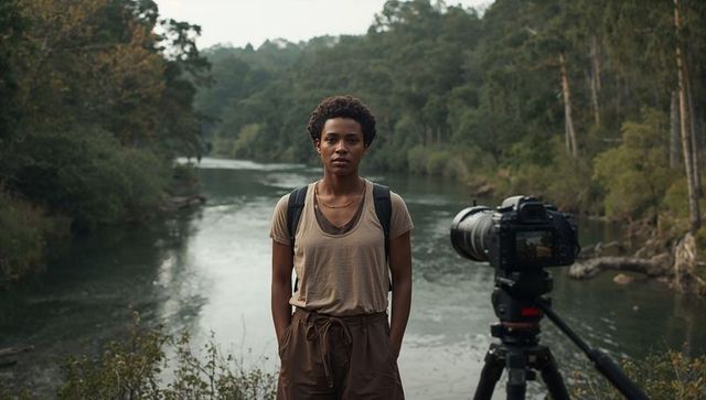 Photographer standing at riverbank with dslr on tripod capturing misty forest landscape