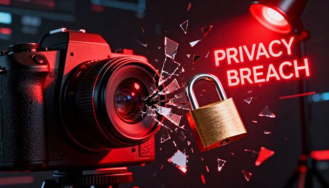 Camera lens shattering glass with floating padlock and neon 'privacy breach' sign