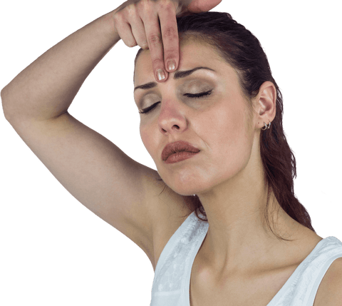 Woman with Closed Eyes Touching Forehead on Transparent Background