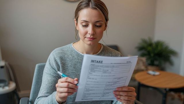 Completing intake form in calming clinic reception, woman holding pen filling paperwork