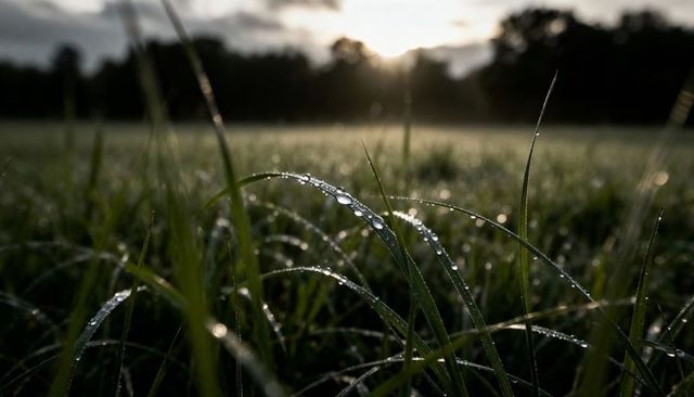 Backlit dew on grass blades at dawn in misty meadow with soft bokeh and sunrise glow