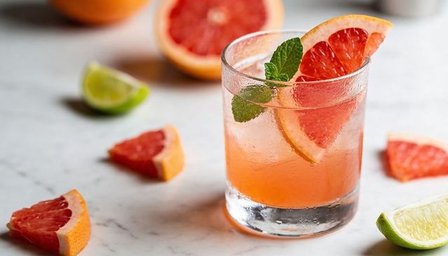 Grapefruit cocktail on rocks with mint garnish and lime wedges on marble countertop