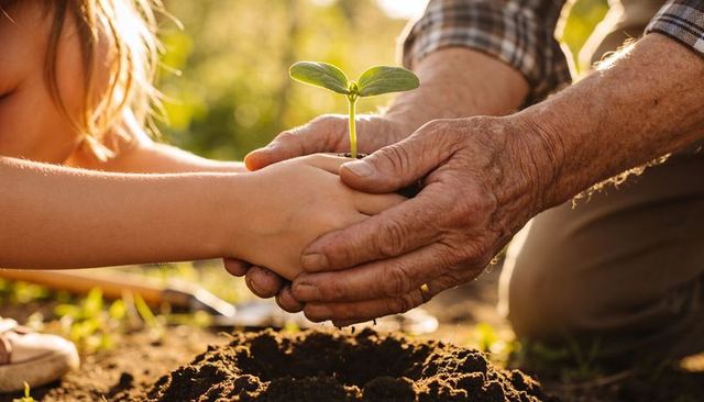 Grandparent and Child Planting Seedling Together, Hands Nurturing Young Green Sprout