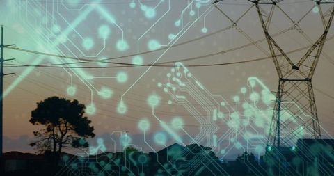 Smart grid connecting suburban power lines with neon circuitry overlay at dusk