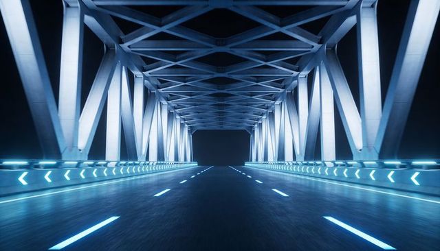 Futuristic illuminated bridge roadway with cyan LED lane markers and steel truss symmetry