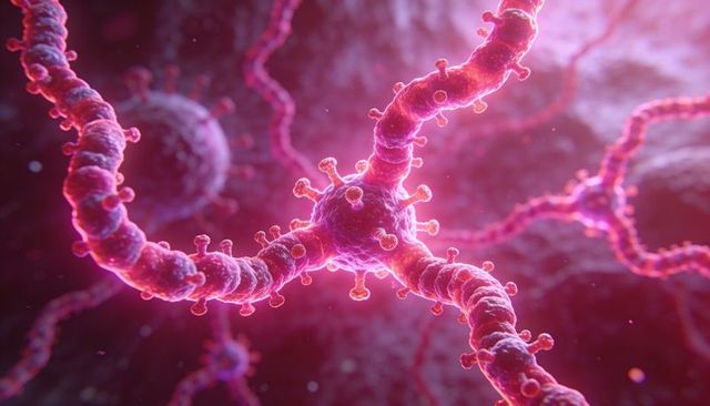 Viral filaments forming branched network with spike proteins and glowing central node