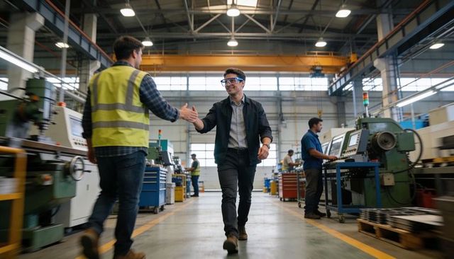 Factory supervisor walking through workshop shaking hands with hi-vis worker wearing safety glasses