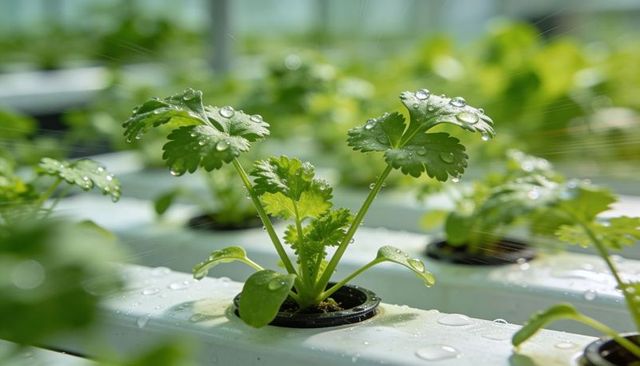 Glistening hydroponic cilantro seedlings growing with water droplets in greenhouse rows