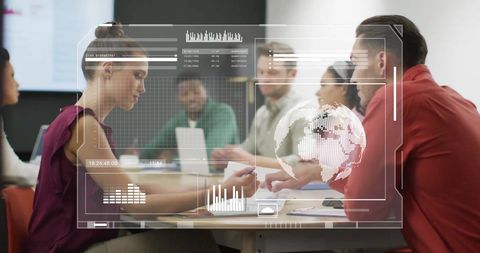 Digital Interface Overlaying Office Meeting with Diverse Professionals