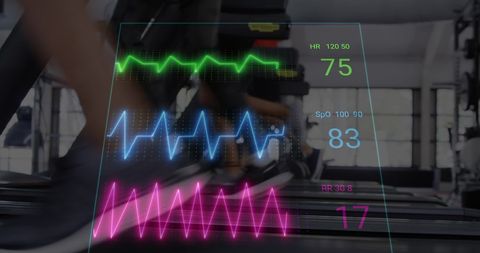 Cardiograph Display Over People Exercising on Treadmills