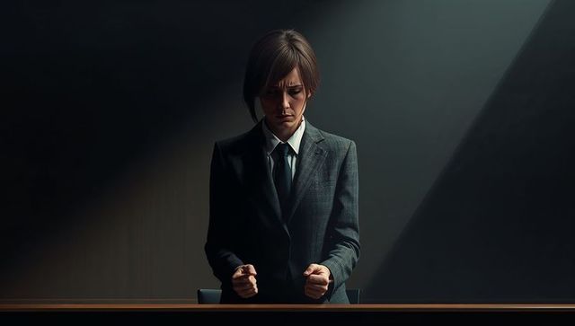 Woman in dark suit gripping lectern under spotlight conveying tense executive authority