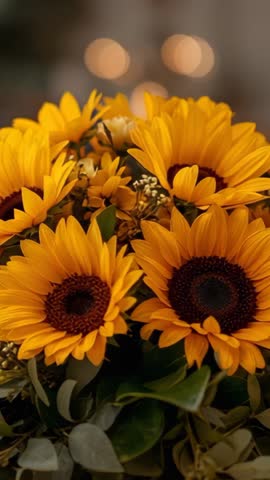 Vertical camera shifting over sunflower bouquet with warm bokeh lights and rustic foliage