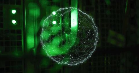 Glowing wireframe data sphere floating over server rack neon green cyber network