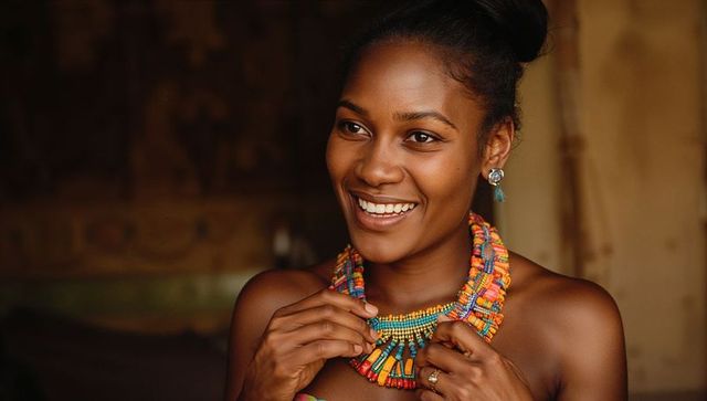 Smiling woman wearing vibrant artisan beaded necklace and matching earrings warm portrait