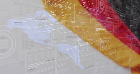 German flag over data center with holographic map connectivity concept