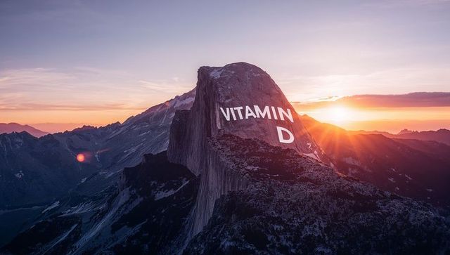 Sunlit granite monolith engraved with vitamin d at golden sunrise over alpine ridge skyline