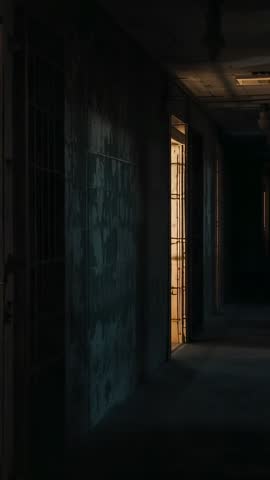 Moody vertical video panning abandoned corridor with glowing barred door and peeling walls