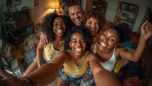 Laughing friends taking selfie with fisheye lens at cozy home gathering